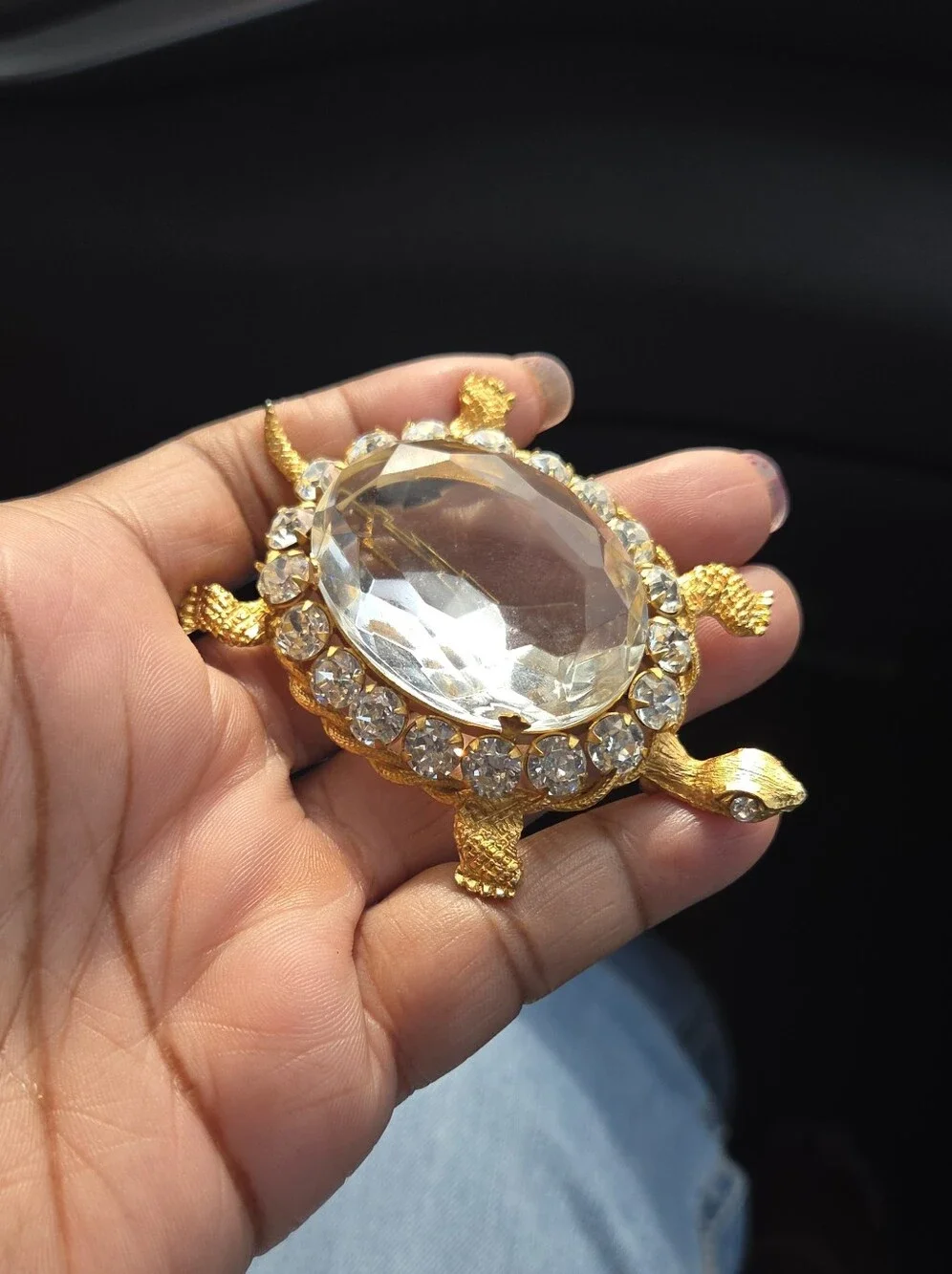 Signed DeNicola Turtle Figural Brooch with Glass Rhinestone Belly